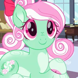 Size: 1780x1780 | Tagged: safe, artist:lovinglypromise, derpibooru import, minty (g4), earth pony, pony, g4, alternate design, alternate hairstyle, bow, hair bow, image, jpeg, lying down, prone, redesign, solo