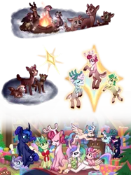 Size: 1280x1707 | Tagged: safe, artist:computerstickman, derpibooru import, alice the reindeer, aurora the reindeer, bori the reindeer, princess celestia, princess luna, oc, oc:banana bliss, oc:northern wishes, oc:periwinkle, oc:star wishes, deer, reindeer, g4, curved horn, fire, horn, image, png, story included, transformation