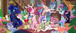 Size: 1280x553 | Tagged: safe, artist:computerstickman, derpibooru import, alice the reindeer, aurora the reindeer, bori the reindeer, princess celestia, princess luna, oc, oc:banana bliss, oc:northern wishes, oc:periwinkle, oc:star wishes, alicorn, deer, pony, reindeer, g4, curved horn, doe, fawn, female, horn, image, jpeg, mare, present, royal sisters, siblings, sisters