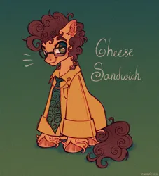 Size: 1274x1404 | Tagged: safe, artist:emobricosss, derpibooru import, cheese sandwich, earth pony, pony, g4, brown mane, brown tail, clothes, collared shirt, colored eyebrows, colored pinnae, curly mane, curly tail, cute, diacheeses, ear fluff, ear piercing, earring, emanata, glasses, gradient background, green eyes, grin, image, jewelry, jpeg, looking at you, male, name, necktie, noise, orange coat, orange hooves, oversized clothes, oversized shirt, piercing, shiny hooves, shirt, sitting, smiling, smiling at you, solo, stallion, tail, three quarter view, unshorn fetlocks, white pupils