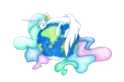 Size: 2132x1410 | Tagged: safe, artist:bluemagic, derpibooru import, princess celestia, alicorn, pony, g4, ethereal mane, ethereal tail, globe, horn, image, jpeg, simple background, tail, white background, wings