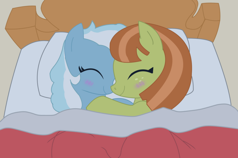 Size: 2280x1522 | Tagged: safe, artist:kraft, oc, oc:dillie dallie, oc:moraine terminus, bed, bed frame, bed sheets, blushing, eyes closed, image, multicolored hair, multicolored mane, pillow, png, simple background, sleeping, smiling