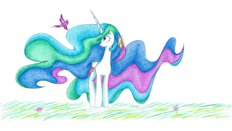 Size: 2188x1234 | Tagged: safe, artist:bluemagic, derpibooru import, princess celestia, alicorn, bird, pony, g4, cute, cutelestia, ethereal mane, ethereal tail, horn, image, jpeg, tail, wings