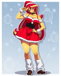 Size: 1280x1600 | Tagged: safe, artist:masterdestroyzj, derpibooru import, sunset shimmer, human, equestria girls, g4, blue eyes, blushing, breasts, busty sunset shimmer, choker, christmas, clothes, costume, female, hand on hip, hat, holiday, image, jpeg, leg warmers, looking at you, santa costume, santa hat, simple background, smiling, smiling at you, thighs, thunder thighs, two toned hair, wide hips, yellow eyes