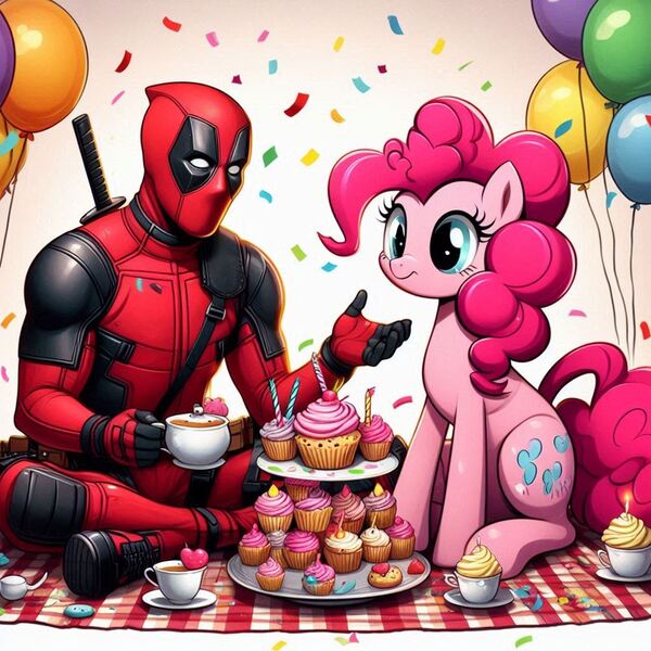 Size: 1024x1024 | Tagged: safe, ai content, derpibooru import, machine learning generated, prompter:bluey2309, pinkie pie, earth pony, human, g4, balloon, confetti, cupcake, deadpool, female, food, image, jpeg, marvel