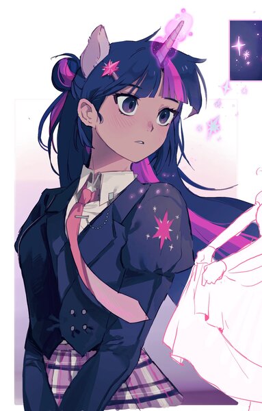 Size: 1289x2018 | Tagged: safe, artist:memoji_0708, derpibooru import, twilight sparkle, human, blushing, clothes, coat, cute, eared humanization, female, glow, glowing horn, horn, horned humanization, humanized, image, jpeg, necktie, school uniform, shirt, skirt, solo, twiabetes