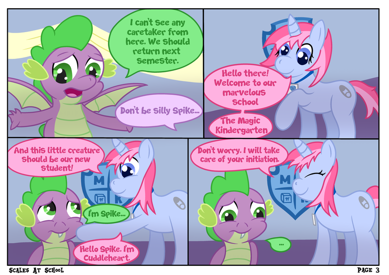 Size: 4960x3508 | Tagged: safe, artist:sweetielover, derpibooru import, spike, oc, dragon, pony, comic:scales at school, g4, comic, dialogue, female, image, indoors, male, png, school, spread wings, webcomic, wings