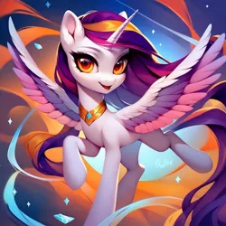 Size: 512x512 | Tagged: safe, ai content, derpibooru import, machine learning generated, prompter:the eternal star, stable diffusion, oc, oc:critic, unofficial characters only, alicorn, pony, female, filly, fimfiction, foal, generator:purplesmart.ai, horn, image, jewelry, jpeg, looking at you, pendant, prompt in description, solo, tail, wings