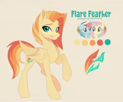 Size: 2100x1750 | Tagged: safe, artist:nettlemoth, derpibooru import, oc, oc:flare feather, pegasus, pony, color palette, female, grin, image, jpeg, magical lesbian spawn, mare, offspring, parent:fluttershy, parent:rainbow dash, parents:flutterdash, pegasus oc, screencap reference, simple background, smiling, solo, standing on two hooves, wings, yellow background