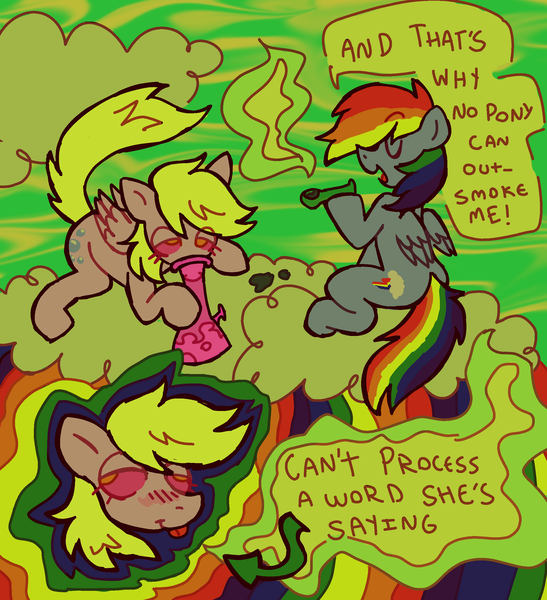 Size: 2328x2552 | Tagged: safe, artist:catponything, derpibooru import, derpy hooves, rainbow dash, pegasus, pony, g4, bong, cloud, drugs, duo, duo female, eyes closed, female, folded wings, high, image, lying down, mare, marijuana, on a cloud, open mouth, open smile, pipe, png, prone, sitting, sitting on cloud, smiling, smoke weed everyday, smoking, tail, tongue out, wings