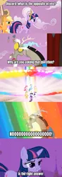 Size: 481x1368 | Tagged: safe, derpibooru import, edit, edited screencap, screencap, applejack, discord, fluttershy, pinkie pie, rainbow dash, rarity, twilight sparkle, pony, unicorn, boast busters, g4, the return of harmony, big no, caption, comic relief, eyebrows, female, horn, image, image macro, mane six, mare, my little pony, no, png, raised eyebrow, smiling, smirk, smug, text, unicorn twilight