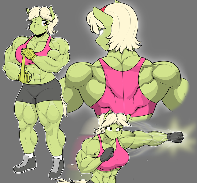 Size: 4095x3807 | Tagged: safe, artist:matchstickman, derpibooru import, granny smith, anthro, plantigrade anthro, g4, clothes, female, gloves, granny smash, gray background, hand wraps, image, multeity, muscles, muscular female, png, punch, shoes, shorts, simple background, sneakers, solo, sports bra, sports shorts, young granny smith, younger