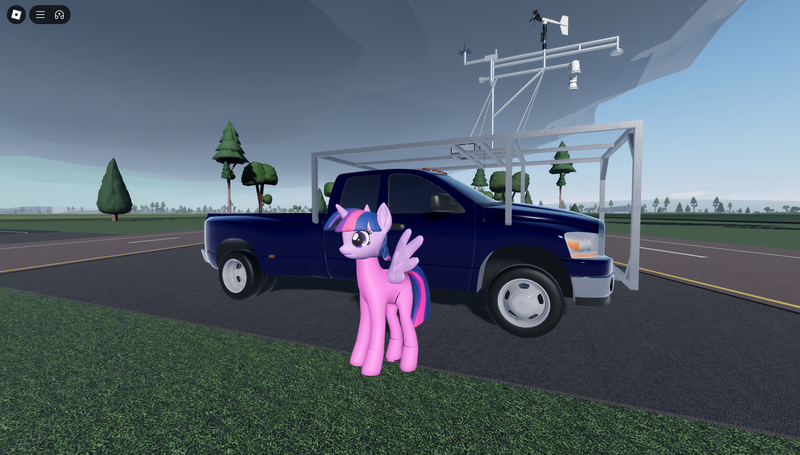 Size: 1858x1057 | Tagged: safe, derpibooru import, twilight sparkle, twilight sparkle (alicorn), alicorn, pony, 3d, dodge, female, game screencap, image, pickup truck, png, roblox, solo, twisted (game)