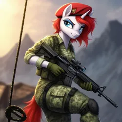 Size: 1024x1024 | Tagged: safe, ai content, derpibooru import, generator:google imagen 3.0, machine learning generated, prompter:zerowinger, oc, oc:britannia, unofficial characters only, anthro, unicorn, series:g.i. pony: a real equestrian hero, action force, assault rifle, beret, clothes, cosplay, costume, fatigues, female, g.i. joe, gloves, gun, hat, horn, image, jpeg, military uniform, mountain, mountain range, rappelling, rifle, rope, skip, smiling, solo, uniform, weapon