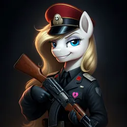 Size: 1024x1024 | Tagged: safe, ai content, derpibooru import, generator:google imagen 3.0, machine learning generated, prompter:zerowinger, oc, oc:aryanne, unofficial characters only, anthro, earth pony, series:g.i. pony: a real equestrian hero, action force, ak-47, assault rifle, black and yellow, black major, clothes, cosplay, costume, evil grin, female, g.i. joe, gloves, gradient background, grin, gun, hat, image, jpeg, military uniform, red shadows, rifle, smiling, solo, uniform, weapon