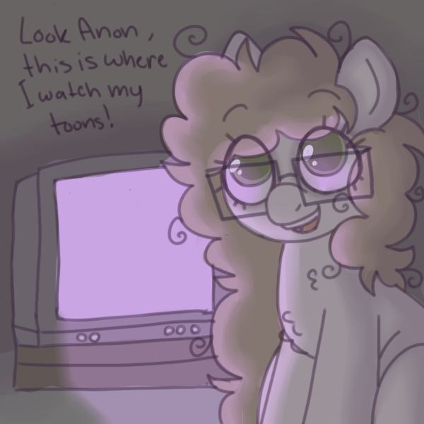 Size: 600x600 | Tagged: safe, artist:puppie, derpibooru import, oc, oc:cartoon, unofficial characters only, earth pony, dark room, frizzy hair, glasses, image, looking at you, png, television