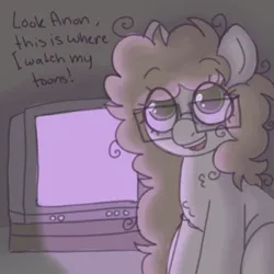 Size: 600x600 | Tagged: safe, artist:puppie, derpibooru import, oc, oc:cartoon, unofficial characters only, earth pony, dark room, frizzy hair, glasses, image, looking at you, png, television