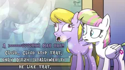 Size: 4596x2586 | Tagged: safe, artist:yourboimario, derpibooru import, blossomforth, cloud kicker, pegasus, pony, g4, derp, derp kicker, dialogue, duo, female, high res, image, implied derpy, mare, mocking, png, reflection, text, unamused, watermark, window