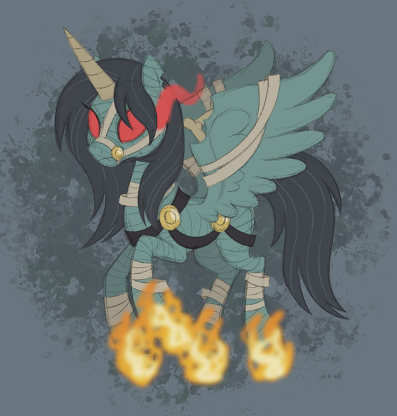 Size: 1456x1527 | Tagged: safe, artist:itoruna-the-platypus, derpibooru import, ponified, alicorn, pony, undead, bandage, bandaged horn, bandaged leg, blank eyes, bridle, exposed bone, eye mist, female, fiery hooves, fire, glow, glowing eyes, horn, image, mare, neopets, png, red eyes, solo, spread wings, tack, torn ear, wings