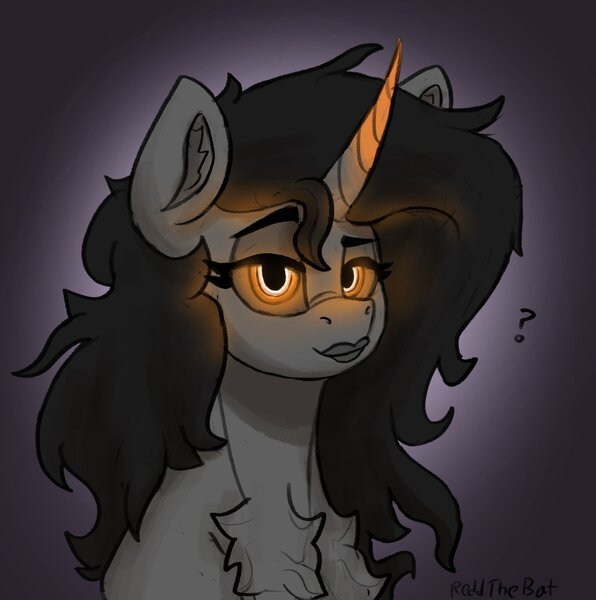 Size: 1492x1501 | Tagged: safe, artist:reddthebat, derpibooru import, oc, oc:event horizon, ponified, unofficial characters only, black hole pony, pony, unicorn, black and yellow, black hole, bust, chest fluff, ear fluff, glow, glowing eyes, glowing horn, horn, image, jpeg, large lips, lipstick, looking at you, question mark, solo