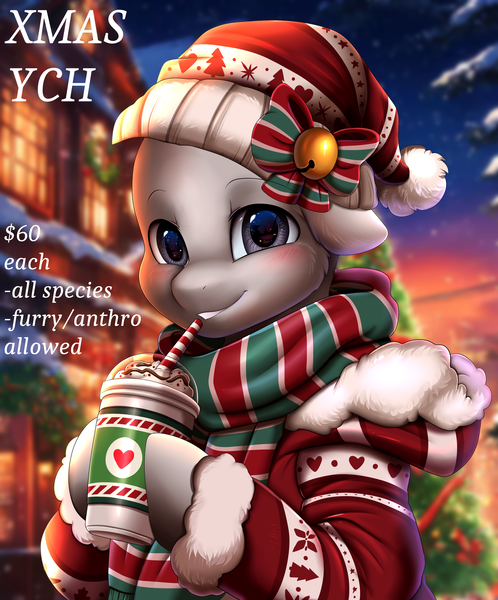 Size: 2571x3098 | Tagged: safe, artist:pridark, derpibooru import, oc, pony, blushing, bust, christmas, commission, cute, hat, holiday, image, looking at you, png, portrait, santa hat, smiling, solo, starbucks, ych example, your character here