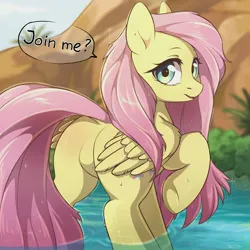 Size: 1280x1280 | Tagged: safe, alternate version, artist:fensu-san, derpibooru import, fluttershy, pegasus, pony, g4, bronybait, butt, cute, dock, featureless crotch, female, flutterbutt, image, jpeg, looking at you, looking back, looking back at you, mare, outdoors, plot, raised hoof, raised tail, sfw version, shyabetes, solo, speech bubble, tail, talking to viewer, water, wet, wet mane, wings