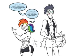 Size: 1800x1350 | Tagged: suggestive, artist:chillguydraws, artist:thicc-verse, derpibooru import, rainbow dash, soarin', human, g4, basketball, blushing, breasts, busty rainbow dash, clothes, duo, duo male and female, female, height difference, humanized, image, male, one eye closed, partial color, png, shipping, simple background, skirt, soarindash, spanking, sports, straight, tongue out, white background