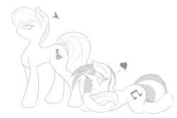 Size: 1600x1071 | Tagged: safe, artist:capseys, derpibooru import, octavia melody, vinyl scratch, earth pony, pony, unicorn, g4, concave belly, duo, duo female, eyes closed, female, heart, horn, hug, image, lesbian, mare, monochrome, png, scratchtavia, shipping, tail, tail hug