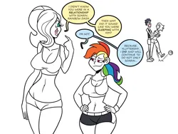 Size: 1800x1350 | Tagged: suggestive, artist:chillguydraws, artist:thicc-verse, derpibooru import, fluttershy, rainbow dash, soarin', human, g4, bedroom eyes, belly, belly button, big breasts, breasts, busty fluttershy, busty rainbow dash, cleavage, clothes, female, hair over one eye, height difference, humanized, image, implied sex, lips, male, midriff, partial color, png, ponytail, shipping, shorts, sideboob, simple background, soarindash, speech bubble, straight, tallershy, white background, wide hips