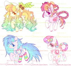 Size: 3004x2784 | Tagged: safe, artist:anno酱w, derpibooru import, oc, ponified, unofficial characters only, butterfly, earth pony, food pony, insect, original species, pegasus, pony, unicorn, adoptable, base used, bow, bowtie, chibi, chinese text, clothes, donut, eyeshadow, flower, food, hat, horn, image, jewelry, makeup, moon runes, necklace, package, png, rainbow, simple background, socks, sunflower, watermark, white background, wings