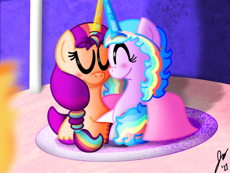 Size: 2160x1620 | Tagged: safe, artist:jesslmc16, derpibooru import, izzy moonbow, sunny starscout, alicorn, pony, unicorn, g5, my little pony: a new generation, augmented, blanket, blushing, cuddling, duo, duo female, eyes closed, female, fire, hoof hold, horn, image, izzy rainbow, lesbian, looking at each other, looking at someone, lying down, mane stripe sunny, mare, png, race swap, rug, shadow, ship:moonscout, shipping, smiling, smiling at each other, sunnycorn