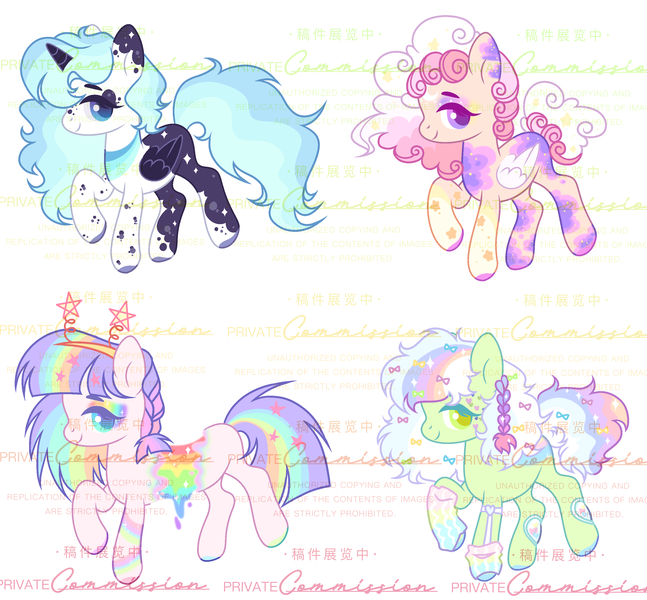 Size: 3004x2784 | Tagged: safe, artist:anno酱w, derpibooru import, oc, unofficial characters only, alicorn, earth pony, pegasus, pony, adoptable, base used, bow, bowtie, candy, cloud, food, headband, image, pigtails, png, rainbow, simple background, stars, watermark, white background