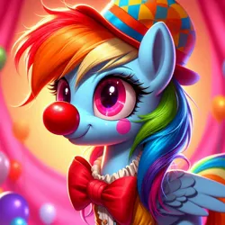 Size: 1024x1024 | Tagged: safe, ai content, derpibooru import, machine learning generated, prompter:heydude5321, rainbow dash, pegasus, pony, g4, bowtie, clothes, clown, clown nose, female, generator:bing image creator, generator:dall-e 3, hat, image, jpeg, mare, red nose, solo, wings