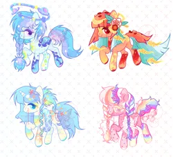 Size: 3256x2952 | Tagged: safe, artist:anno酱w, derpibooru import, oc, unofficial characters only, earth pony, pegasus, pony, unicorn, adoptable, base used, beach, bow, bowtie, cloud, flower, halo, horn, image, petals, pigtails, planet, png, rainbow, seashell, simple background, stars, white background