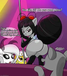 Size: 2299x2600 | Tagged: suggestive, artist:bestponies, derpibooru import, oc, oc:buzzing pollen, unofficial characters only, bee, bee pony, fly, fly pony, insect, monster pony, moth, mothpony, original species, pony, butt, butt focus, club, dancing, dialogue, female, image, jpeg, large butt, lidded eyes, looking down, mare, plot, pole, pole dancing, red eyes, seductive, seductive look, seductive pose, stripper pole, tail, white coat, white eyes, yellow eyes