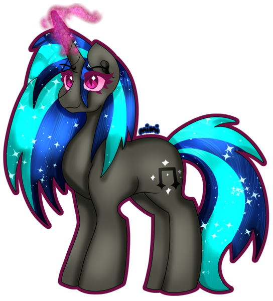 Size: 1280x1411 | Tagged: safe, artist:dazzlingmimi, derpibooru import, vinyl scratch, pony, unicorn, g4, absurd resolution, darkened coat, darkened hair, diamond pupils, female, glow, glowing horn, horn, image, mare, nightmare vinyl scratch, nightmarified, png, simple background, smiling, solo, starry hair, transparent background