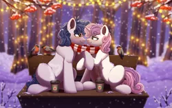 Size: 4480x2808 | Tagged: safe, artist:dinoalpaka, derpibooru import, sweetie belle, oc, bird, earth pony, pony, unicorn, g4, canon x oc, clothes, coffee cup, coffee mug, cup, duo, duo male and female, female, holding hooves, horn, image, looking into each others eyes, male, mare, mug, older, older sweetie belle, outdoors, png, scarf, shared clothing, shared scarf, shipping, snow, stallion, straight, striped scarf, winter