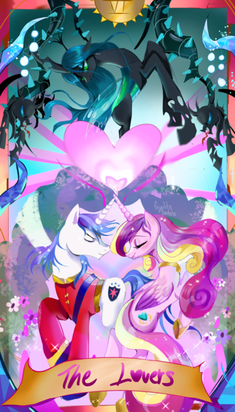 Size: 4500x7886 | Tagged: safe, derpibooru import, princess cadance, queen chrysalis, shining armor, alicorn, changeling, pony, unicorn, a canterlot wedding, g4, season 2, female, horn, image, lovers, male, mare, my little pony, png, ship:shiningcadance, shipping, straight, tarot, tarot card