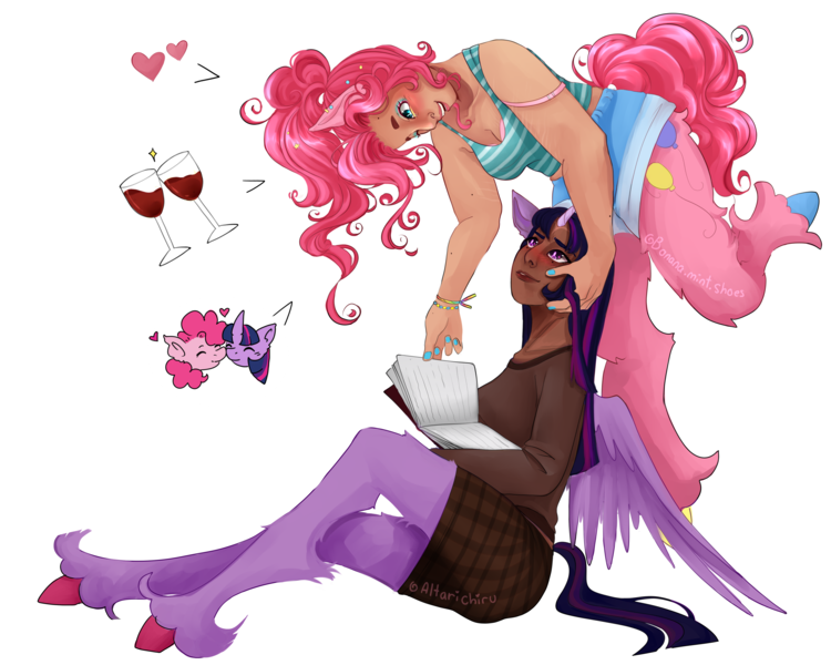 Size: 4500x3600 | Tagged: safe, artist:altarichiru, derpibooru import, pinkie pie, twilight sparkle, twilight sparkle (alicorn), alicorn, earth pony, pony, satyr, g4, absurd resolution, alcohol, blackwashing, blushing, book, breasts, busty pinkie pie, cleavage, clothes, dark skin, duo, duo female, female, glass, heart, image, lesbian, looking at each other, looking at someone, pictogram, plaid skirt, png, satyrized, shipping, simple background, skirt, smiling, smiling at each other, standing, standing on one leg, tan skin, transparent background, twinkie, unshorn fetlocks, wine, wine glass