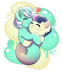 Size: 2400x2858 | Tagged: safe, artist:morrigun, derpibooru import, bon bon, lyra heartstrings, sweetie drops, pony, unicorn, do princesses dream of magic sheep, g4, cuddling, cute, eyes closed, female, floating heart, fusion, heart, horn, hug, image, lesbian, lyrabon, lyrabon (fusion), my little pony, paint splatter, png, pushmi-pullyu, shipping, signature