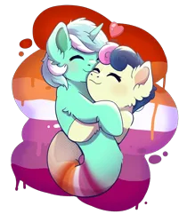 Size: 2400x2858 | Tagged: safe, alternate version, artist:morrigun, derpibooru import, bon bon, lyra heartstrings, sweetie drops, pony, unicorn, do princesses dream of magic sheep, g4, cuddling, cute, eyes closed, female, fusion, heart, horn, hug, image, lesbian, lesbian pride flag, lyrabon, lyrabon (fusion), my little pony, png, pride, pride flag, pushmi-pullyu, shipping, signature