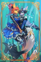 Size: 3587x5425 | Tagged: safe, artist:龙宠, derpibooru import, oc, oc:neon winds, oc:sunny chill, unofficial characters only, anthro, fish, mermaid, blue eyes, breasts, bubble, clothes, crepuscular rays, digital art, dress, female, fin wings, fins, fish tail, flowing mane, flowing tail, framed picture, gloves, green eyes, holding hands, horn, image, latex, latex gloves, latex suit, looking at each other, looking at someone, looking at you, mermaid tail, ocean, png, scales, seaweed, smiling, smiling at each other, smiling at you, sunlight, swimming, tail, underwater, unicorn horn, water, wings