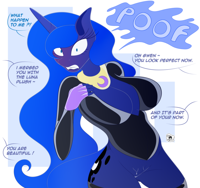 Size: 6381x6000 | Tagged: suggestive, artist:skyspeardraw, derpibooru import, princess luna, anthro, absurd resolution, big breasts, breasts, busty princess luna, cleavage, clothes, dialogue, female, human to anthro, image, latex, offscreen character, peytral, pinpoint eyes, png, post-transformation, socks, surprised, thigh highs, transformation