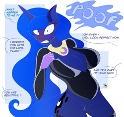 Size: 6381x6000 | Tagged: suggestive, artist:skyspeardraw, derpibooru import, princess luna, anthro, absurd resolution, big breasts, breasts, busty princess luna, cleavage, clothes, dialogue, female, human to anthro, image, latex, offscreen character, peytral, pinpoint eyes, png, post-transformation, socks, surprised, thigh highs, transformation