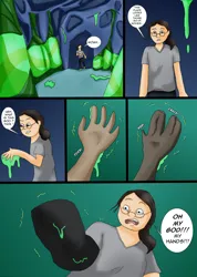 Size: 1618x2277 | Tagged: safe, artist:tf-plaza, derpibooru import, changeling, human, changeling hive, changeling slime, comic, human to changeling, image, png, speech bubble, transformation, transformation sequence