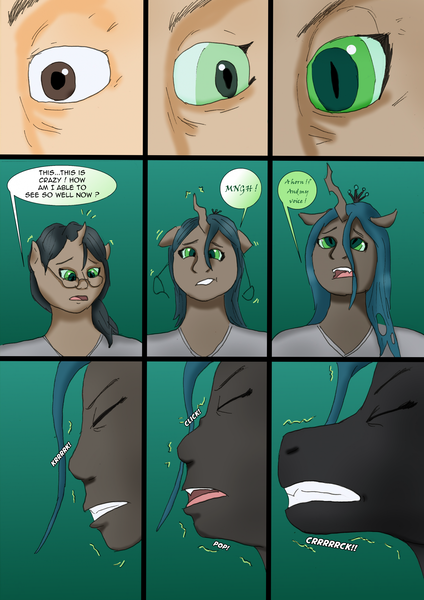 Size: 1614x2283 | Tagged: safe, artist:tf-plaza, derpibooru import, queen chrysalis, changeling, changeling queen, human, g4, comic, female, glasses, human to changeling, image, png, speech bubble, transformation, transformation sequence