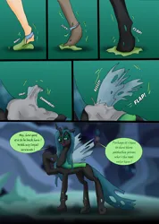 Size: 1618x2277 | Tagged: safe, artist:tf-plaza, derpibooru import, queen chrysalis, changeling, changeling queen, human, g4, clothes, comic, female, human female, human to changeling, image, mental shift, png, ripping clothes, speech bubble, transformation, transformation sequence