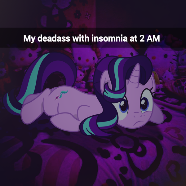 Size: 2048x2048 | Tagged: safe, artist:jhayarr23, artist:trrrebleee, derpibooru import, edit, vector edit, starlight glimmer, pony, unicorn, g4, bedroom, caption, hello kitty, horn, image, insomnia, lying down, meme, png, real life background, sanrio, snapchat, text, vector