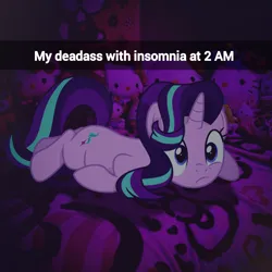 Size: 2048x2048 | Tagged: safe, artist:jhayarr23, artist:trrrebleee, derpibooru import, edit, vector edit, starlight glimmer, pony, unicorn, g4, bedroom, caption, hello kitty, horn, image, insomnia, lying down, meme, png, real life background, sanrio, snapchat, text, vector