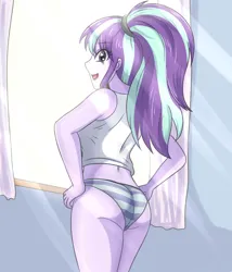 Size: 2048x2389 | Tagged: suggestive, artist:sumin6301, derpibooru import, starlight glimmer, human, equestria girls, g4, 2d, ass, bangs, butt, clothes, eyeshadow, female, image, indoors, jpeg, legs together, looking at you, looking back, makeup, open mouth, open smile, panties, ponytail, short shirt, sleeveless, smiling, solo, striped panties, striped underwear, underwear, window